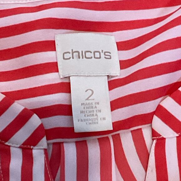 Chicos Blouse Womens Size 2 Large Tie Front Roll Tab Vee Neck Coral White Stripe - Picture 3 of 16